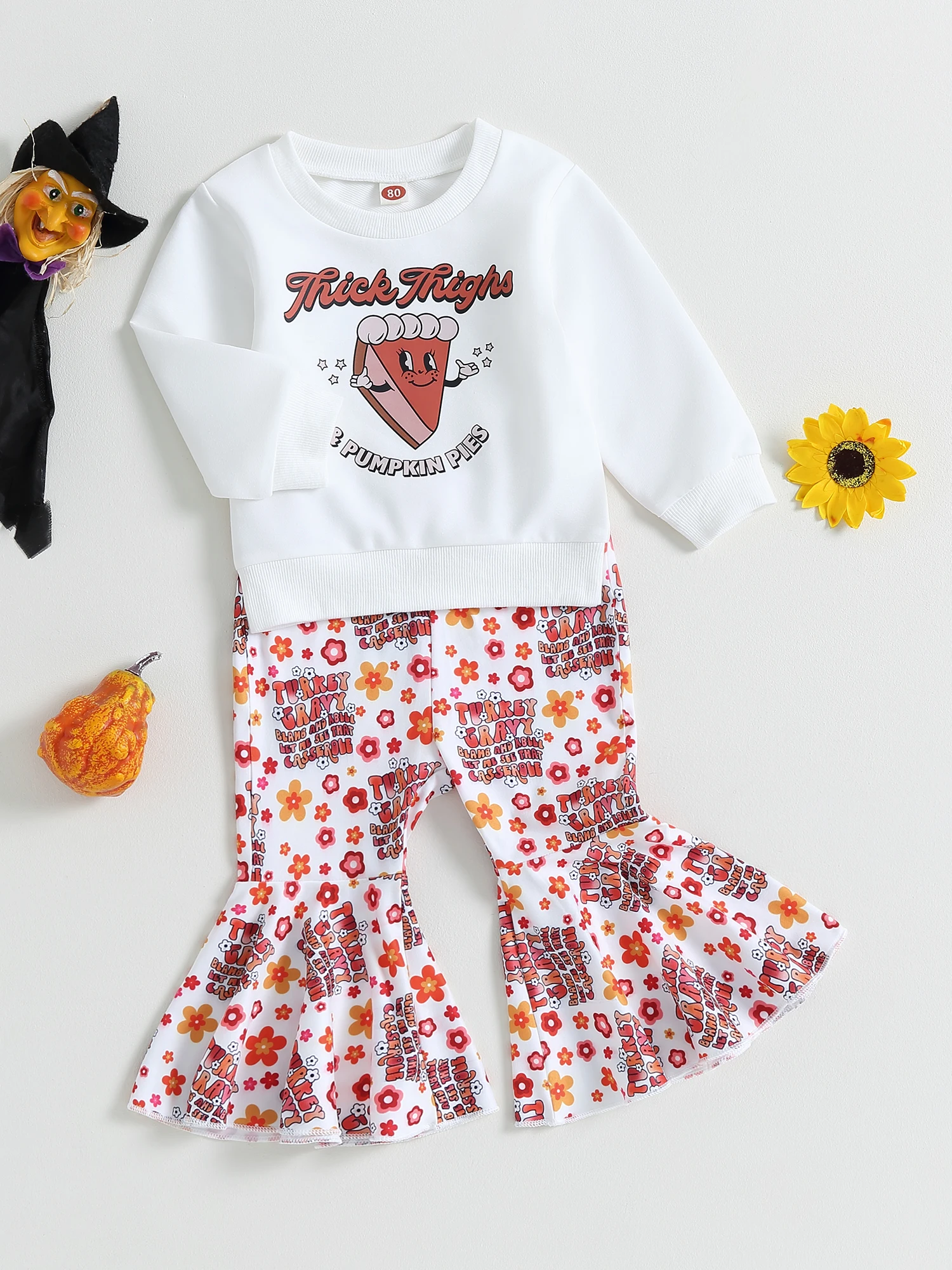 

Adorable Toddler Girls Halloween Costume Set with Long Sleeve Top and Flare Pants Featuring Letter Print Cat and Flower
