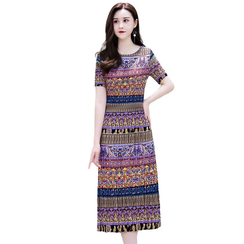 

Women Retro Print Midi Dress Summer O-neck Short Sleeve Waist Tight Mid-calf Length Mid-aged Mother Dress