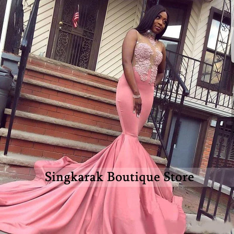 

Pink Black Girls Mermaid Prom Dresses 2022 Sexy Sheer Neck Formal Evening Gowns Lace Party Dress Robe De Bal