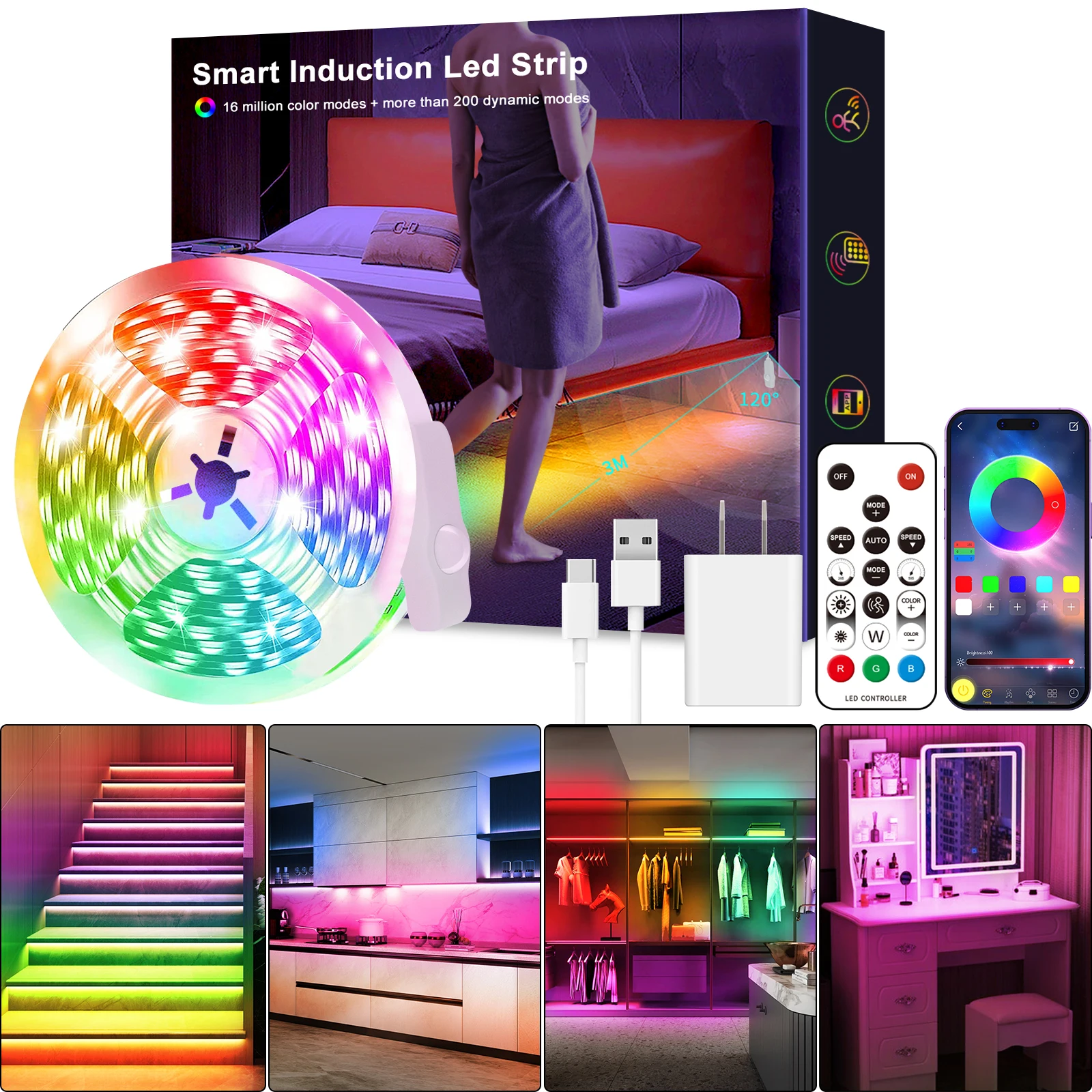 

KANTUTOE светодиодная лента 5 В USB датчик движения индукционный ночник RGB для шкафов-кровати лестницы спальни индукционная световая лента