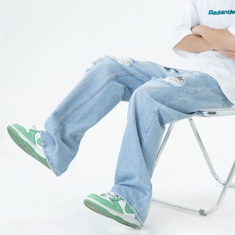 Blue/Black Baggy Jeans Men Fashion Casual Ripped Straight Jeans Men Streetwear Loose Hip Hop Hole Denim Pants Mens Trousers