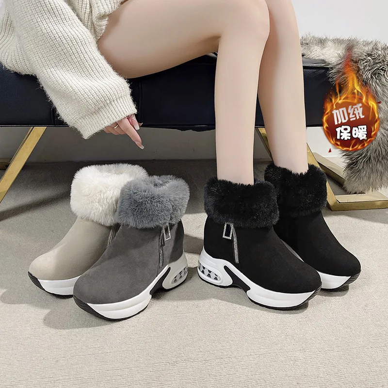 

Women's Plus Plush Warm Snow Boots Winter Designer Fuzzing Internal Increasing Sneakers Ladies Luxury Zipper Platform Shoes