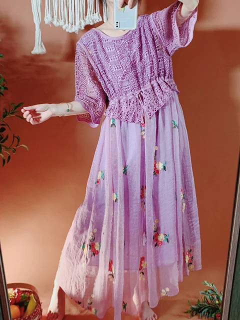 

Purple Maxi Dresses For Women Elegant Slim Sexy Hollow Out Crochet Lace Patchwork Embroidery Floral Long Korean Dress
