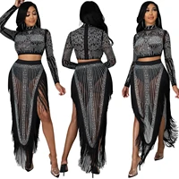 x5372 womens sexy two piece fashion party evening dress long sleeved hot drilled mesh slit fringed long skirt suit women