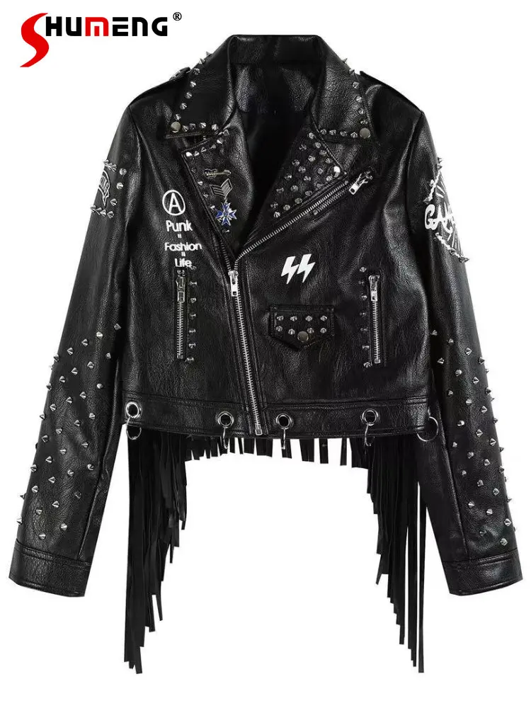 Enlarge Streetwear Cropped Leather Jacket Vintage 2022 Autumn and Winter New Woman Letter Graffiti Printed Rivets Slim Fit Leather Coat