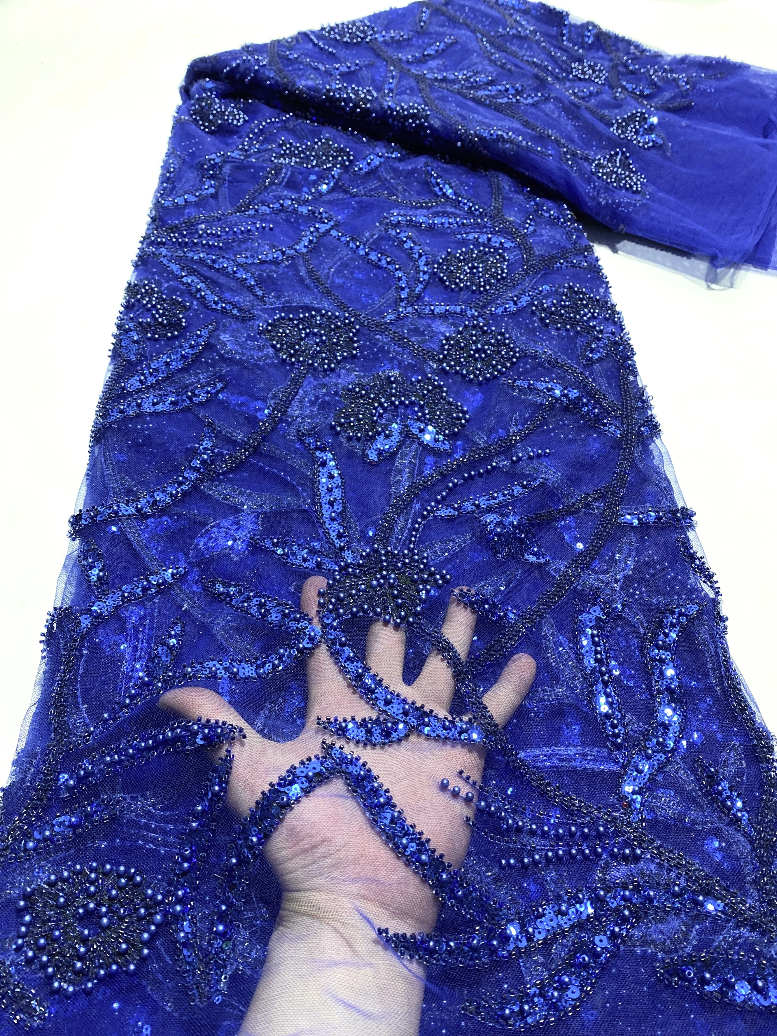 

Royal Blue Nigerian Sequins Lace Fabric High Quality 2022 French Beaded Lace Fabric African Tulle Lace Fabric For Wedding