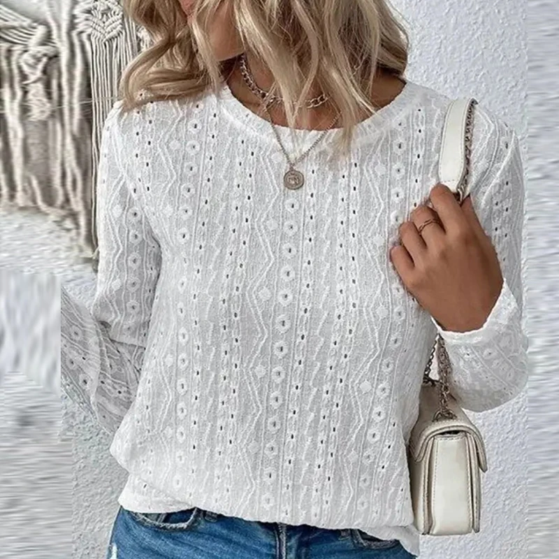 

Elegant Casual Jacquard Long Sleeve Shirts Women O Neck Solid Color Tops Pullover Fashion Autumn Hollow Office Knit Tops Blouses