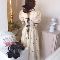 bow embroidery bandage maxi dress a line puff short sleeve slim 2022 summer chic korean elegant date party evening midi robe