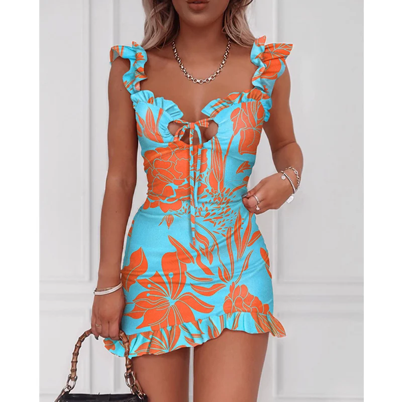 

Женский Повседневный корсет без рукавов с V-образным вырезом и оборками, богемное платье для отпуска, женское летнее элегантное модное мини-платье