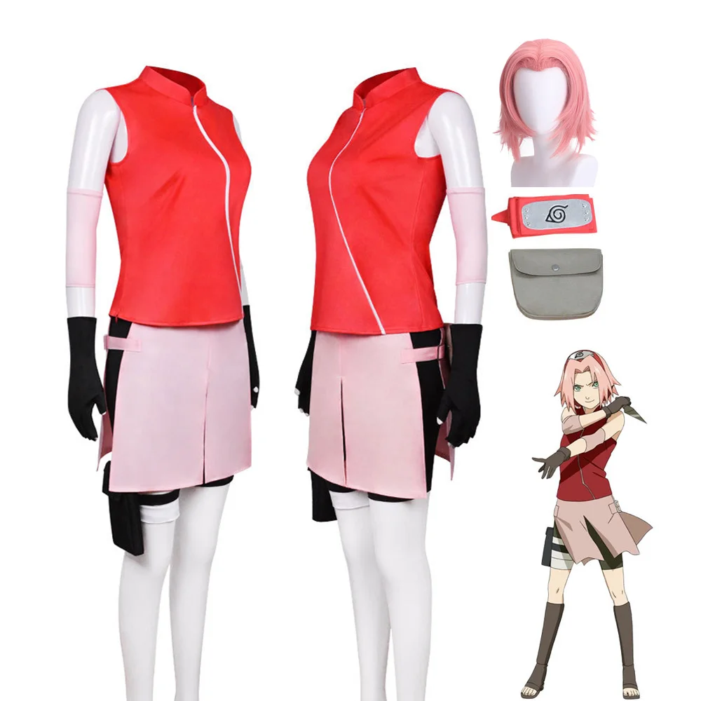 

Комплект из 9 предметов для косплея японского аниме-ниндзя Haruno Sakura, Женский костюм на Хэллоуин, розово-красный костюм, искусственная поясная...