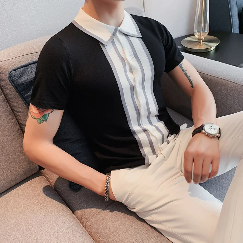 

Spring Men Short Sleeve Polo Contrast Stripes Lapel Top Korean Slim Knit High Quality Tee Shirt Camisa Hombre 4XL