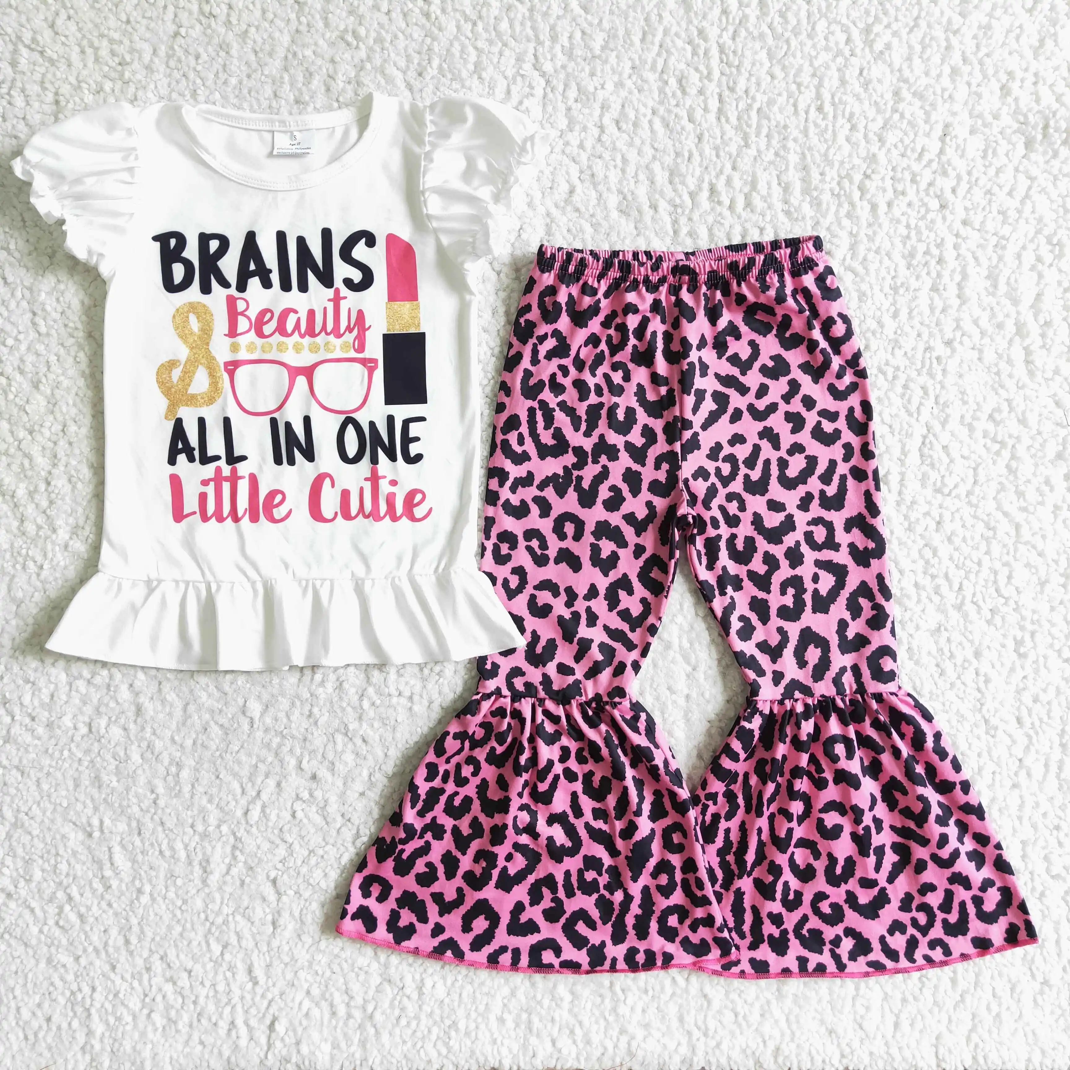 

infant toddler outfit kids girl clothing set white short sleeve print top and leopard bell bottom pant outfit kids clothing