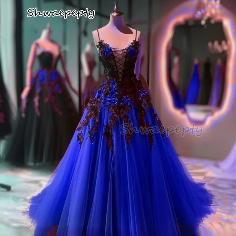 Королевское синее и черное платье для выпускного вечера на тонких бретельках