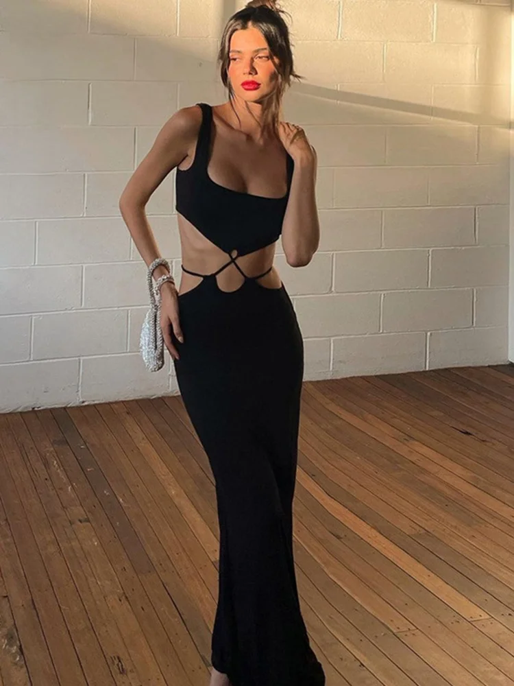 

Sexy Waist Hollow Out Backless Bandage Maxi Dress for Women 2022 Summer Sleeveless Elegant Party Tank Dresses Black Clubwear