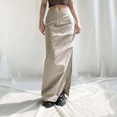 Y2k White Front Ruffle Drawstring Casual Long Skirts Women Back Streetwear With Pockets Low Waist Loose Preppy Cargo Skirt