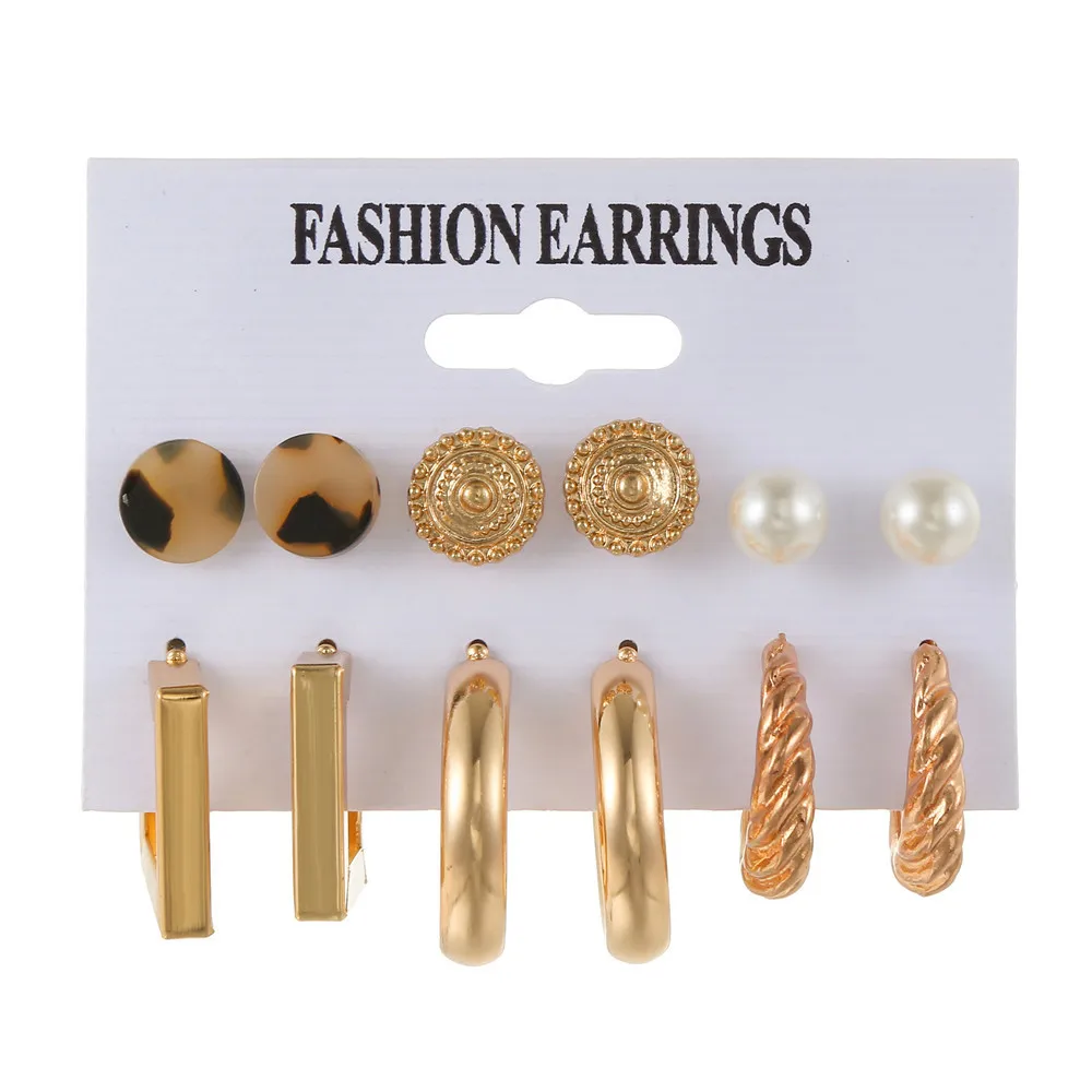 

Earring Set Exaggerated Geometric Pearl Acrylic Earstuds Metal Texture Women's Jewelry