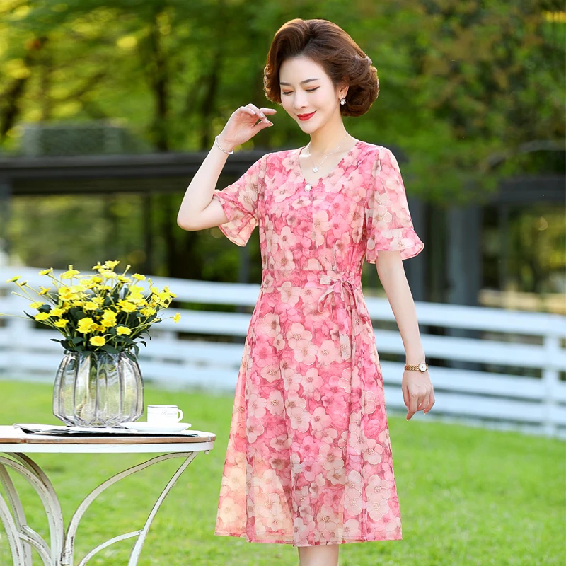 

Vintage Floral Dress Women Elegant Bow Chiffon Korean Party Dresses Flare Short Sleeve V Neck Midi Summer Dresses
