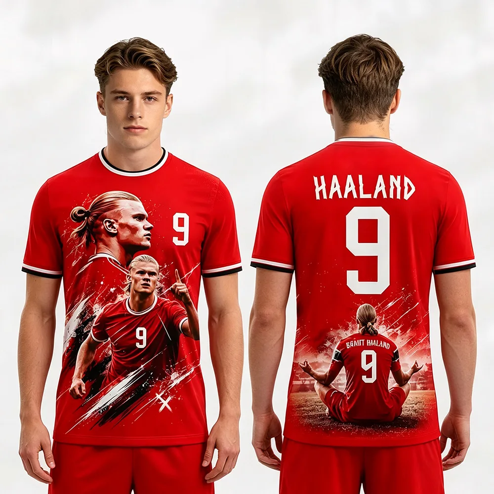 Фото Футболка Haaland 9 Red Graphic T-Shirts для футбольных фанатов, новая летняя сетчатая майка 2026 года, мужская и женская повседневная спортивная футболка с коротким рукавом в стиле Y2K №2