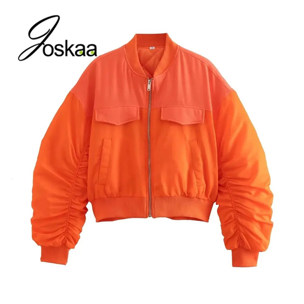Joskaa Women Fashion With Pockets Loose Cropped Padded Jacket Coat Vintage Long Sleeve Zipper-up Female Outerwear Chic Tops