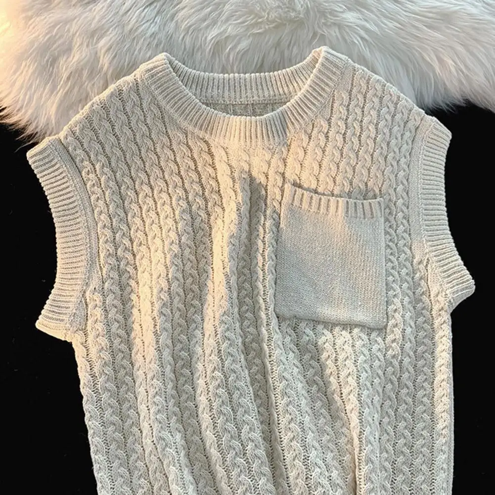 Chic Solid Color Twisted Texture Anti-pilling Pullover Winter Sweater Vest Pocket Spring Sweater for School