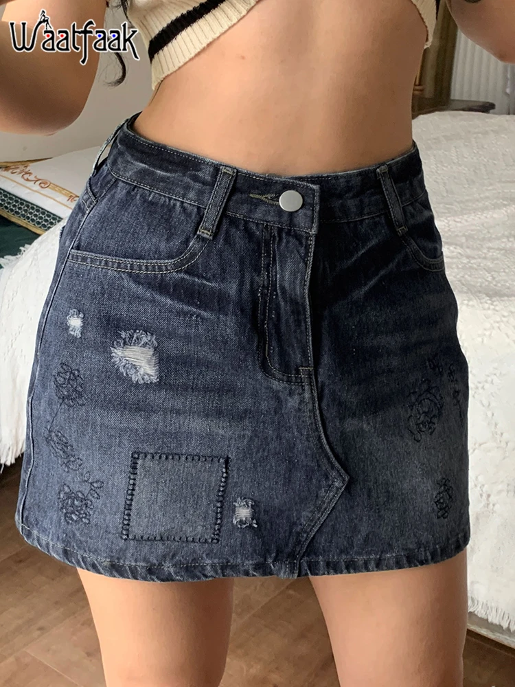 

Юбка-мини в стиле Харадзюку, рваная, с вышивкой