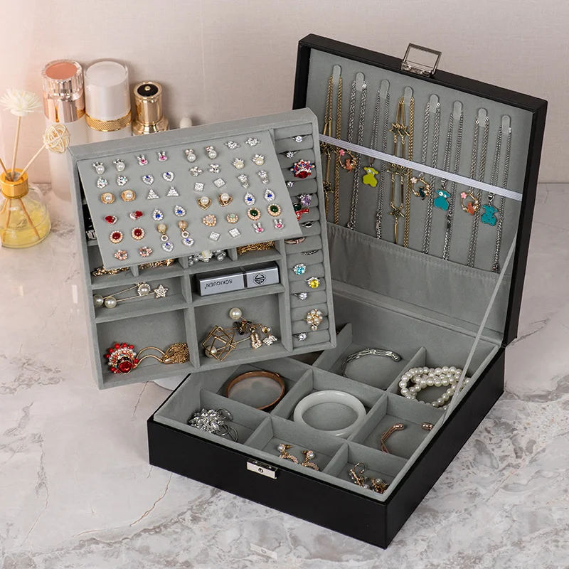 High Grade Elegant Pu Jewelry Box with Necklace Hook Earrings Ring Bracelet Storage Case 2 Layers Upscale Jewelry Casket