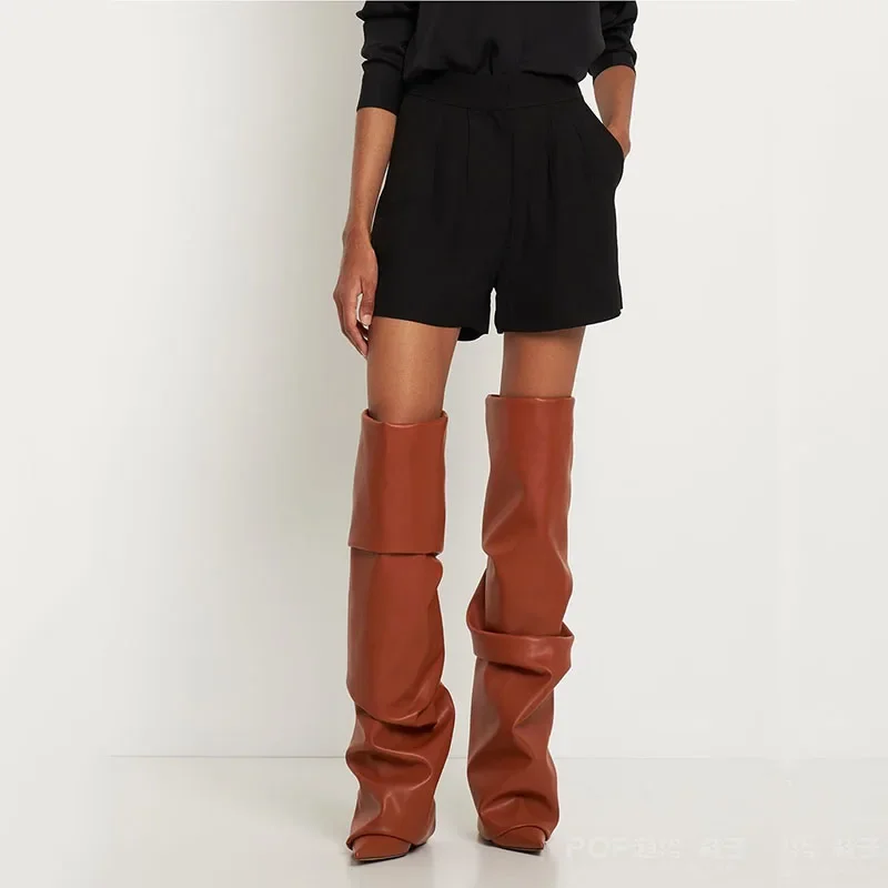 Сплошной цвет ультра-высокие сапоги выше колена на шпильке с острым носком