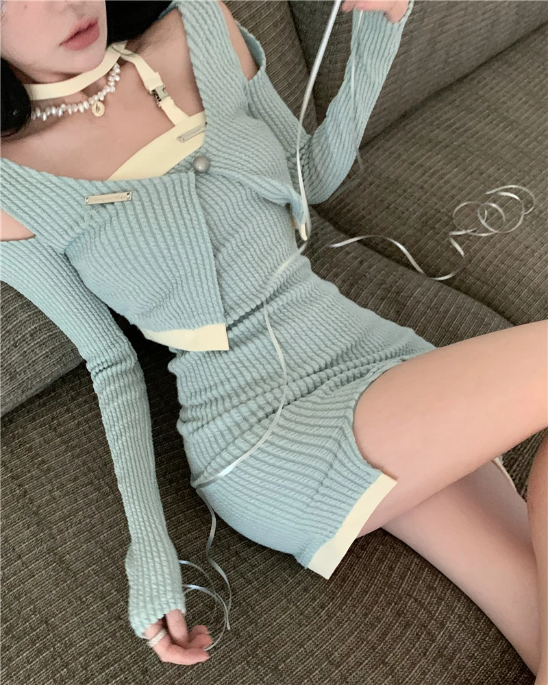 

2 Piece Dress Set Korean Cropped Blue Cardigan Sexy Full Sleeve Short Knitted Jacket Sweater Elgeant Women Slim Mini Skirt Suits