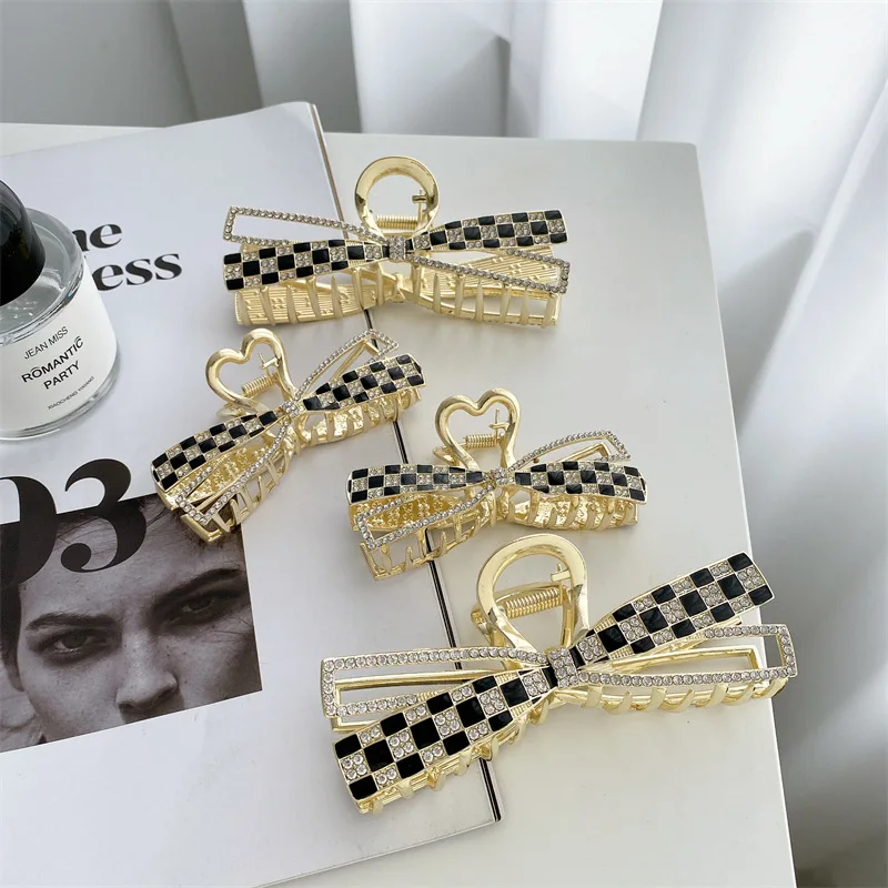 

Ins Hot Korean Black White Checkerboard Bowknot Alloy Hair Claw High Quality Metal Rhinestone Hair Clip Claw For Woman Girls