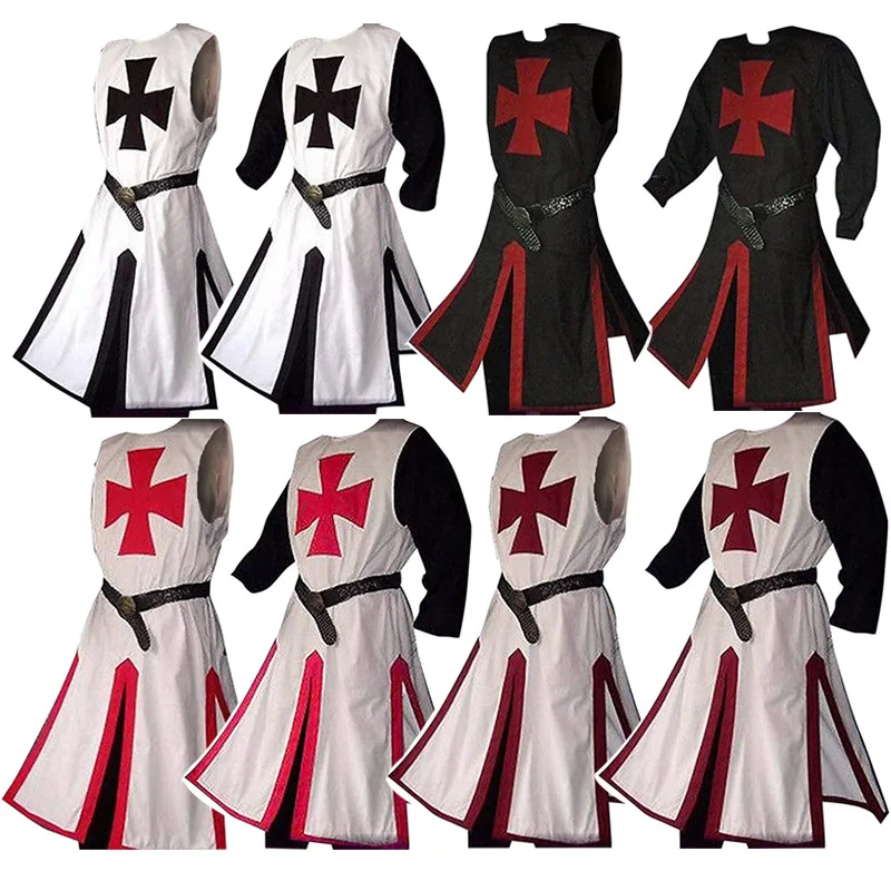 

5XL Medieval Warriors Knight Templar Crusader Costume Adult Men Gown Sleeveless Shirt Top Cross Tabard Surcoat Tunic Clothes