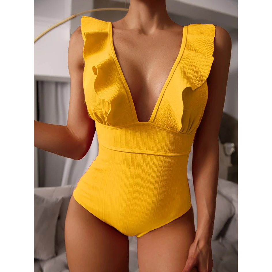 

Sexy Ruffle Swimwear Women`s 2022 Deep V One Piece Swimsuit Female Bathing Suit Woman Bodysuit Swimming for Beach Wear Monokini