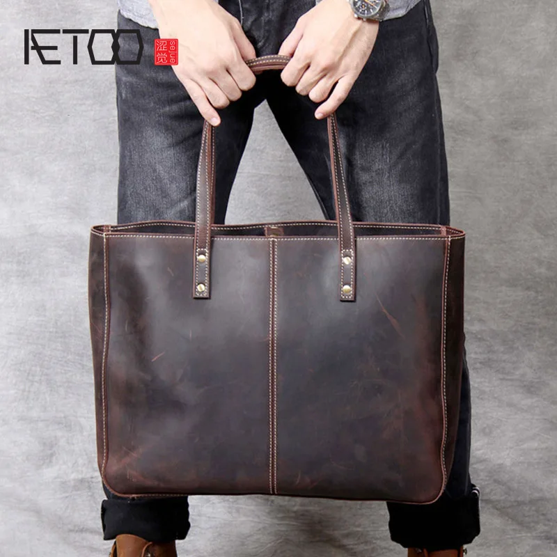AETOO Simple retro top layer leather handbag, men's leather large-capacity shoulder bag, leather men's bag
