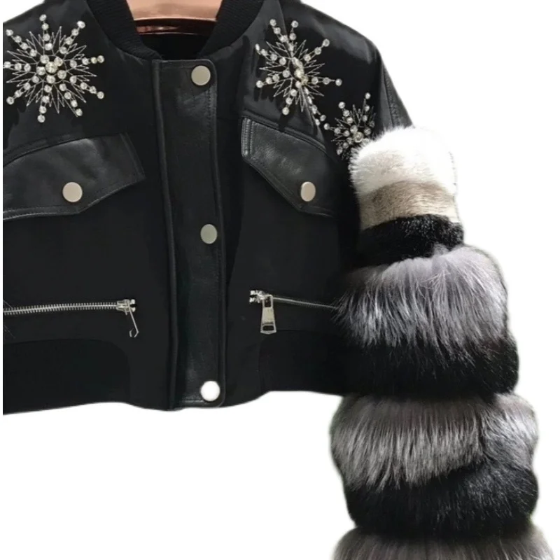 Imported Sheepskin Silver Fox Heavy Work Design Clothing Women's Long Sleeve Winter Fashionable Fur Patchwork Short Jacket