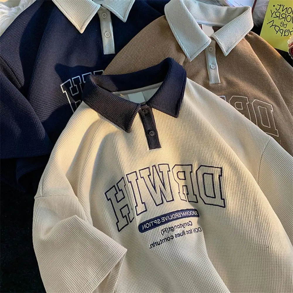 

Fashion Summer Tops Breathable Waffle Wear-resistant Preppy Style Men T-shirt Student Tops Men Tops