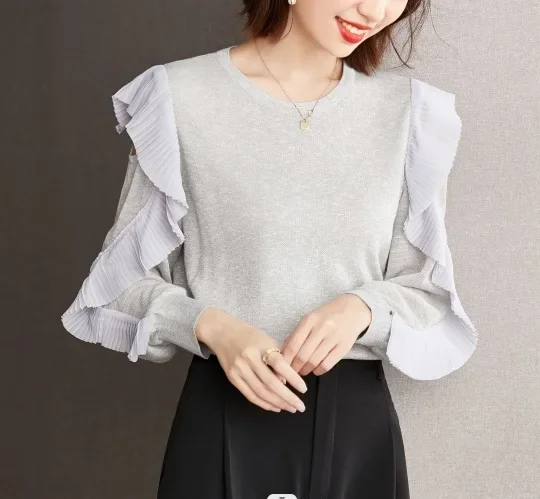 Элегантный стильный вязаный топ с рюшами и краями уменьшающий возраст для осени
