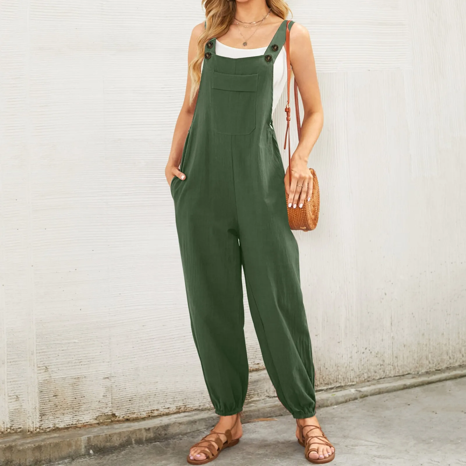 Удобный женский комбинезон без рукавов повседневный однотонный Летний с