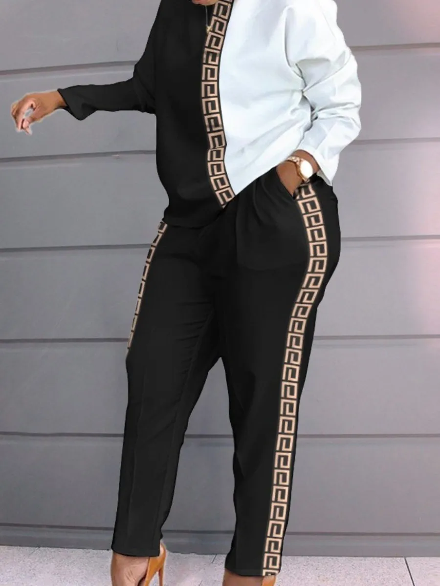 

LW Plus Size Geometric Print Patchwork Pants Set Women's tracksuit Long Sleeve Top & Pants Set 2 Piece Sets Womens Outfits