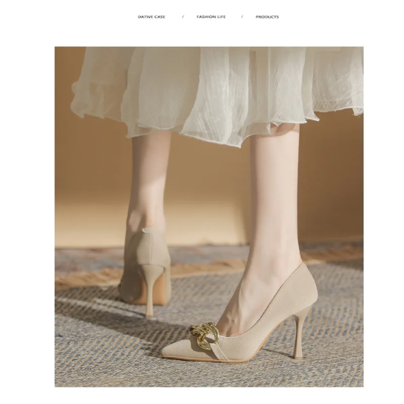 

Women Pumps Chain High Heels Pointed Toe Boat Shoes Metal Designer Shoes New Fashion Office Ladies Dress Shoes Autumn