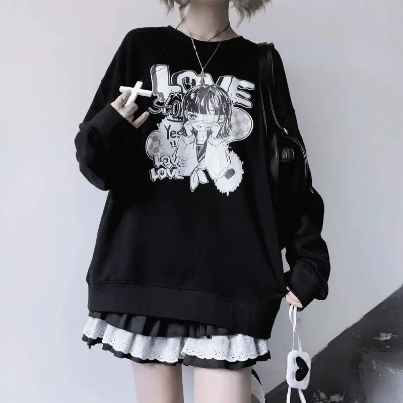 

Black Anime Print Hoodies Women Gothic Harajuku Aesthetic Oversized Sweatshirt Autumn Winter Long Sleeve Pullover Kawaii Clothes