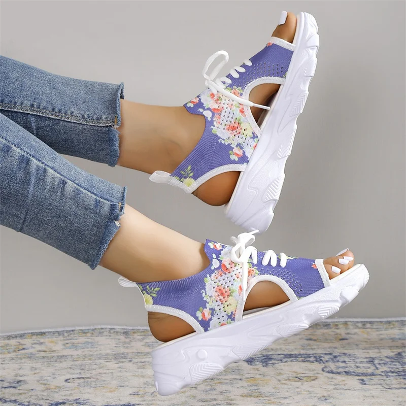 2023 New Summer Women Sandals Mesh Casual Shoes White Thick-Soled Lace-Up Sandalias Open Toe Beach Shoes for Women