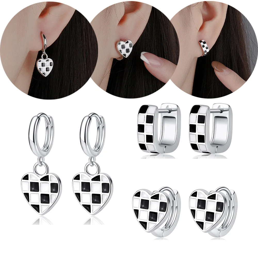 

Trendy Silver Mosaic Small Hoop Earrings for Women Lattice Heart Stud Female Charm Drop Dangle Earring Piercing Jewelry Gift