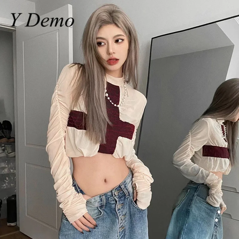 

Y Demo Gothic O-neck Cross Patchwork Mesh Long Sleeve T-shirt For Women Casual Punk Pleated Ruffles Tee