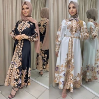 muslim robe womens arabic turkish print lace up dress womens vintage long sleeve turn down collar robe muslim dress