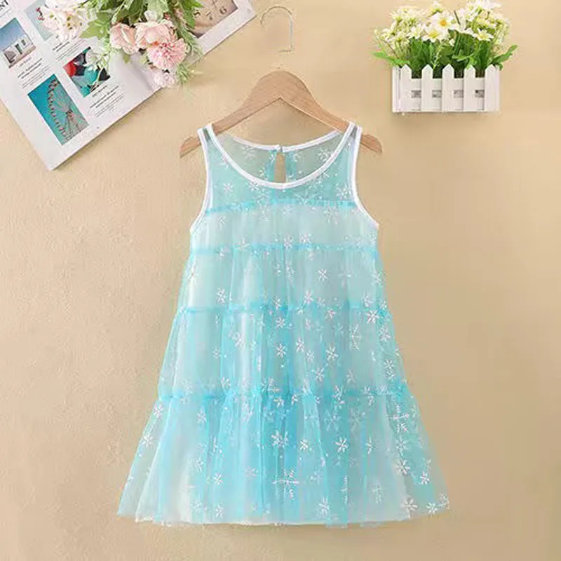 

MERI AMMI Children Girl Clothing Summer Sleeveless Snow Flower Dresses For 3-9 Year Baby Girl