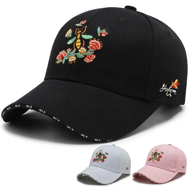 

Fashion Cotton Women Baseball Cap Men Outdoor Sport Visor Cap Adjustable Bee Flower Embroidery Couples Hip Hop Trucker Hat CP220