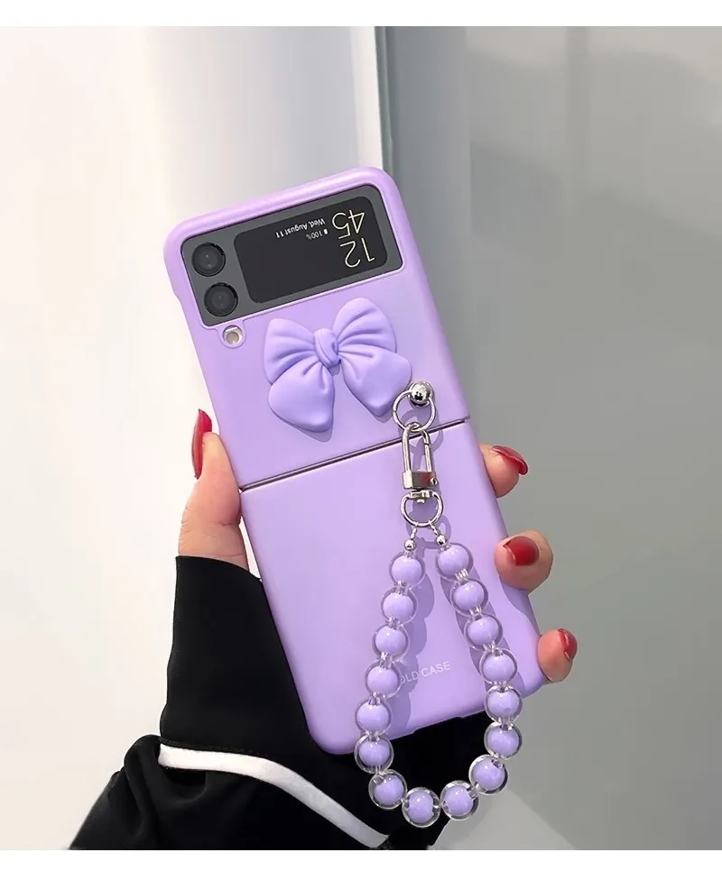

Fashion Purple Cute Heart Bracelet PC Phone Case For Samsung Galaxy Z Flip 3 Case 5G 4G Z Flip3 cover Z Flip4 Capa Holder Stand