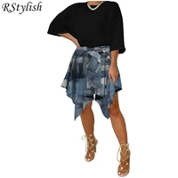 rstylish women clothes irregular high waist knee length skirts 2022 summer holiday print streetwear lace up a line skirt