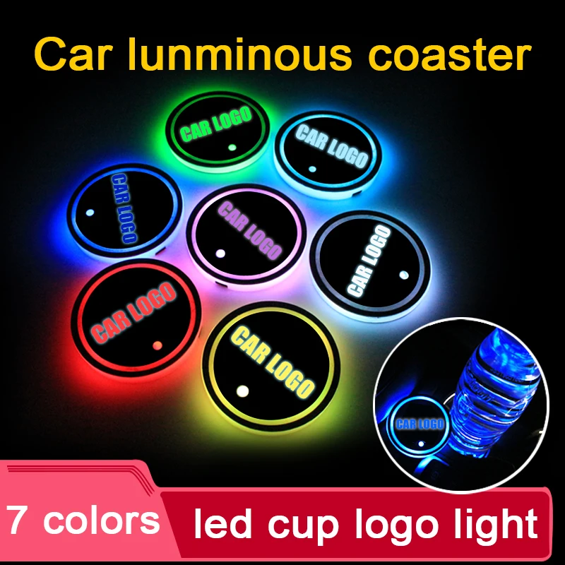 

2Pieces/Set 7 Colorful USB Charging Car Led Atmosphere Light Luminous Car Water Cup Coaster Holder For BMW Mini Auto Logo