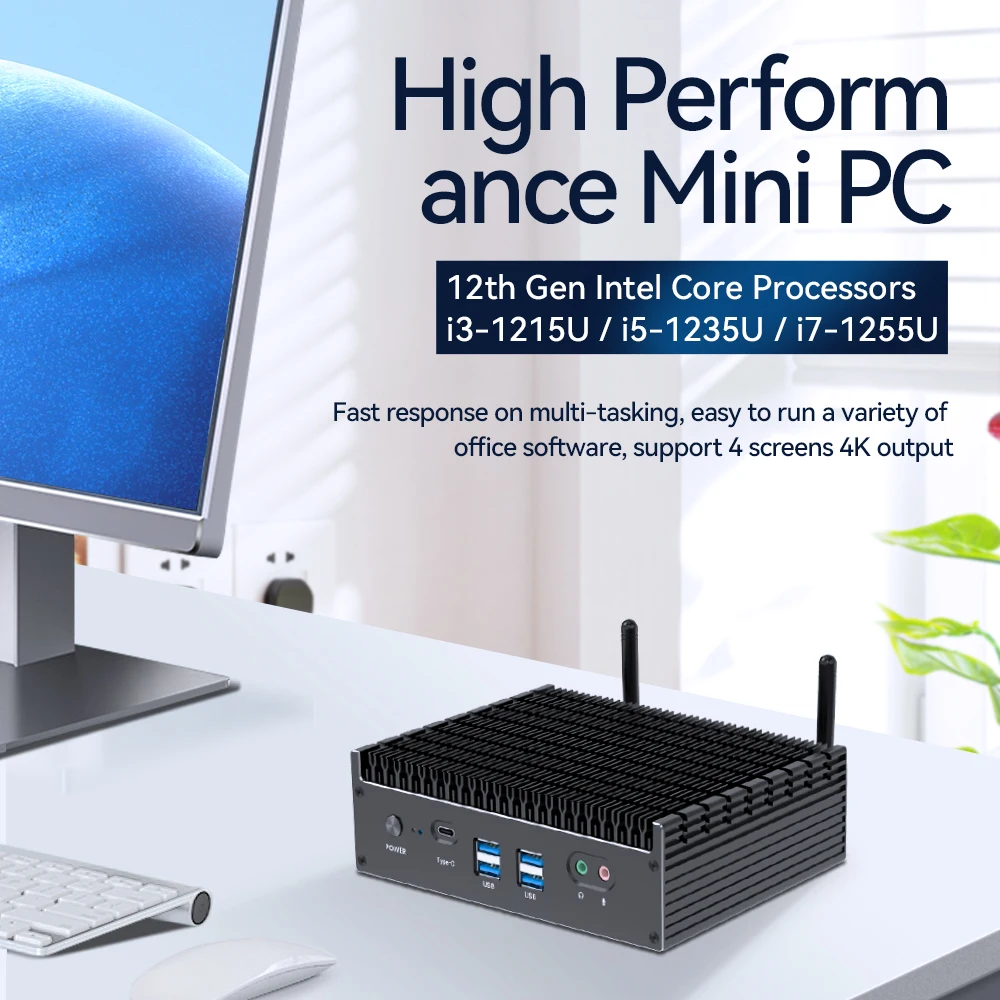 12Th Gen Intel I7 1255U Min Pc 10 Core Ddr4 M.2 Nvme Ssd Windows 11 4K Uhd Potente Computer Da Ufficio Barebonepc