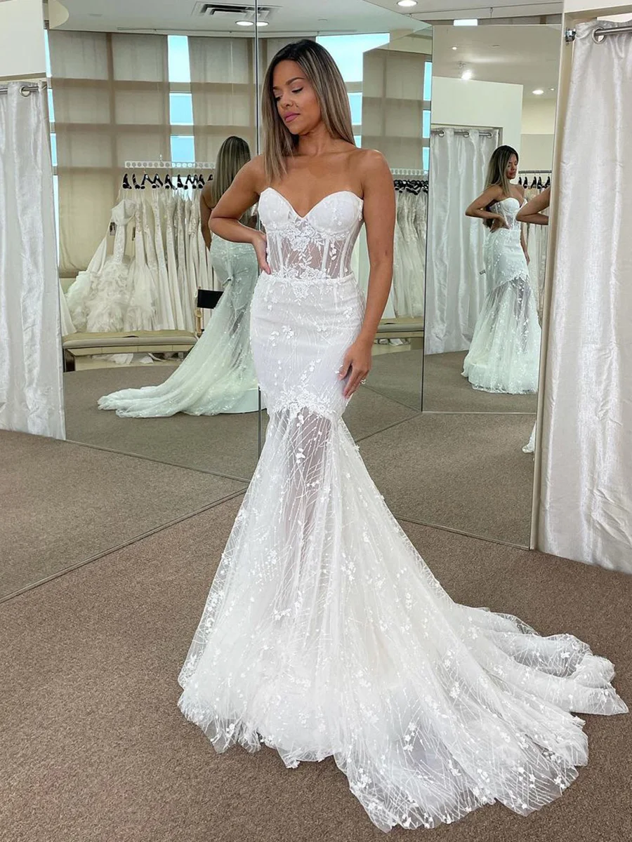 

Bohemian Illusion Lace Mermaid Wedding Dresses Sweetheart Sleeveless Appliques Country Boho Bridal Gown